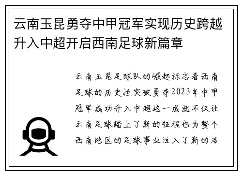云南玉昆勇夺中甲冠军实现历史跨越升入中超开启西南足球新篇章